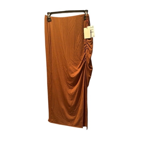 Nordstrom Open Edit Side Ruched Midi Skirt in Brown Toffee Small NWT - Picture 1 of 6